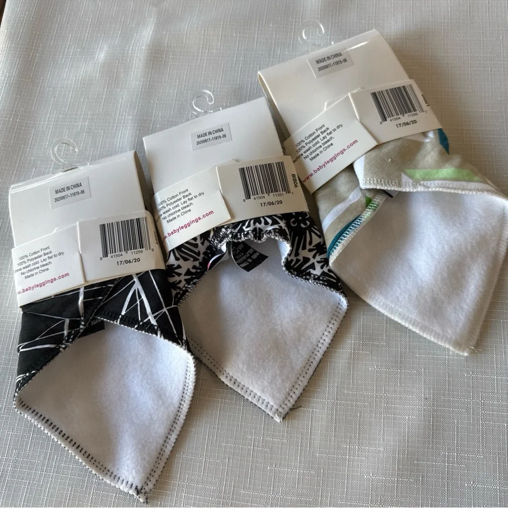 Baby Leggings Bandana Bibs -Set of 3 neutral colors 100% Cotton Front NWT